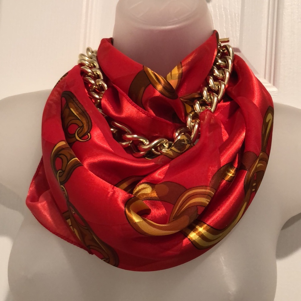 From Paris with Love Large Silky Square Scarf. Eiffel Tower, Heart, Chains - Picture 4 of 15